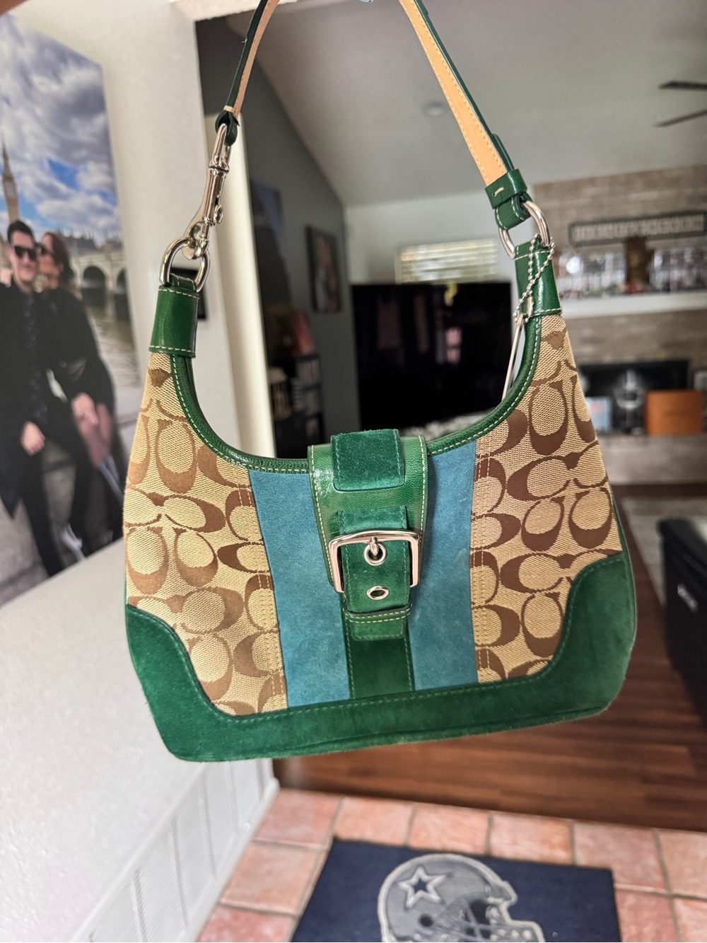 Coach Green and Teal Signature Canvas Suede Shoulder Bag